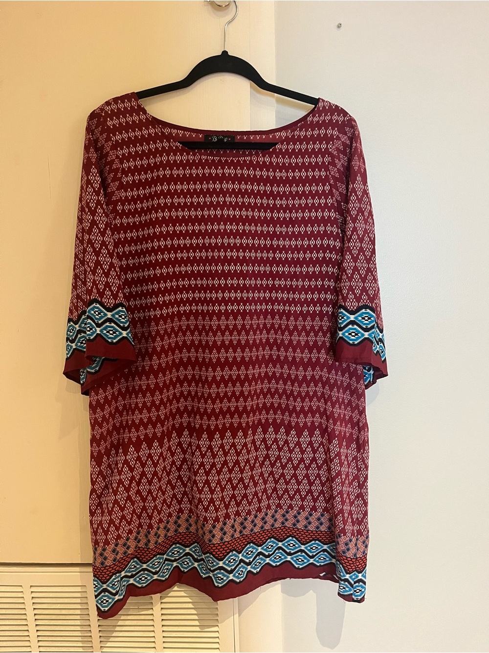 BeBop Maroon Patterned Dress with Teal Accent Trim
